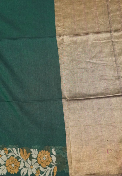 Handloom Cotton Saree-Green Marigold Floral Jamdhani Border