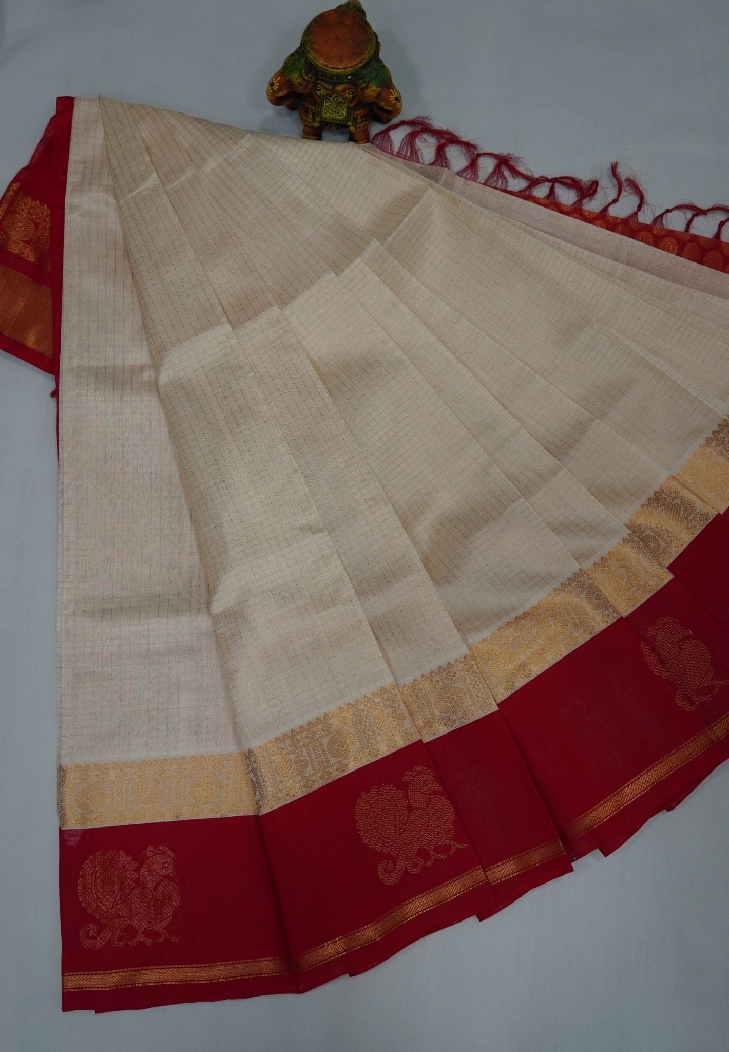 Pure Silk Cotton Saree-Beige in Golden Zari Checks with Contrast Border