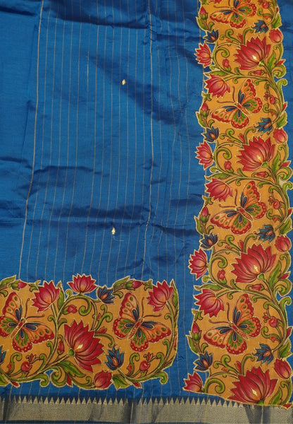 Pure Mangalgiri Silk Saree-Copper Sulphate Blue in Tanjore Print with Aplique Work