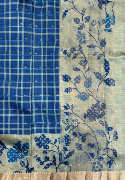 Soft Tussar Saree-Blue In Floral Vine Border