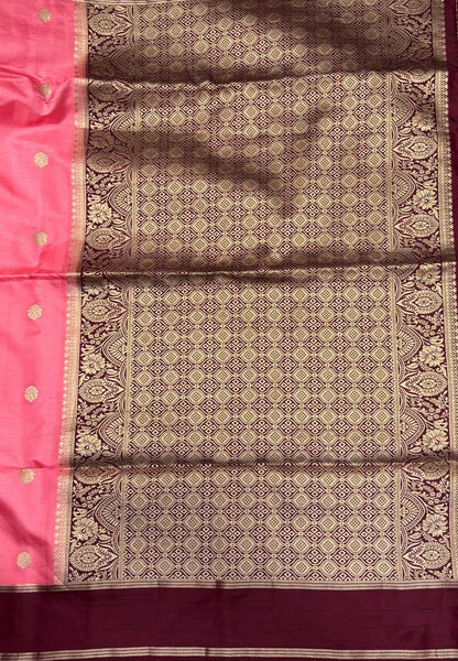 Gaji Silk Saree-Peach Pink in Butta Retpet Zari with Contrast Border