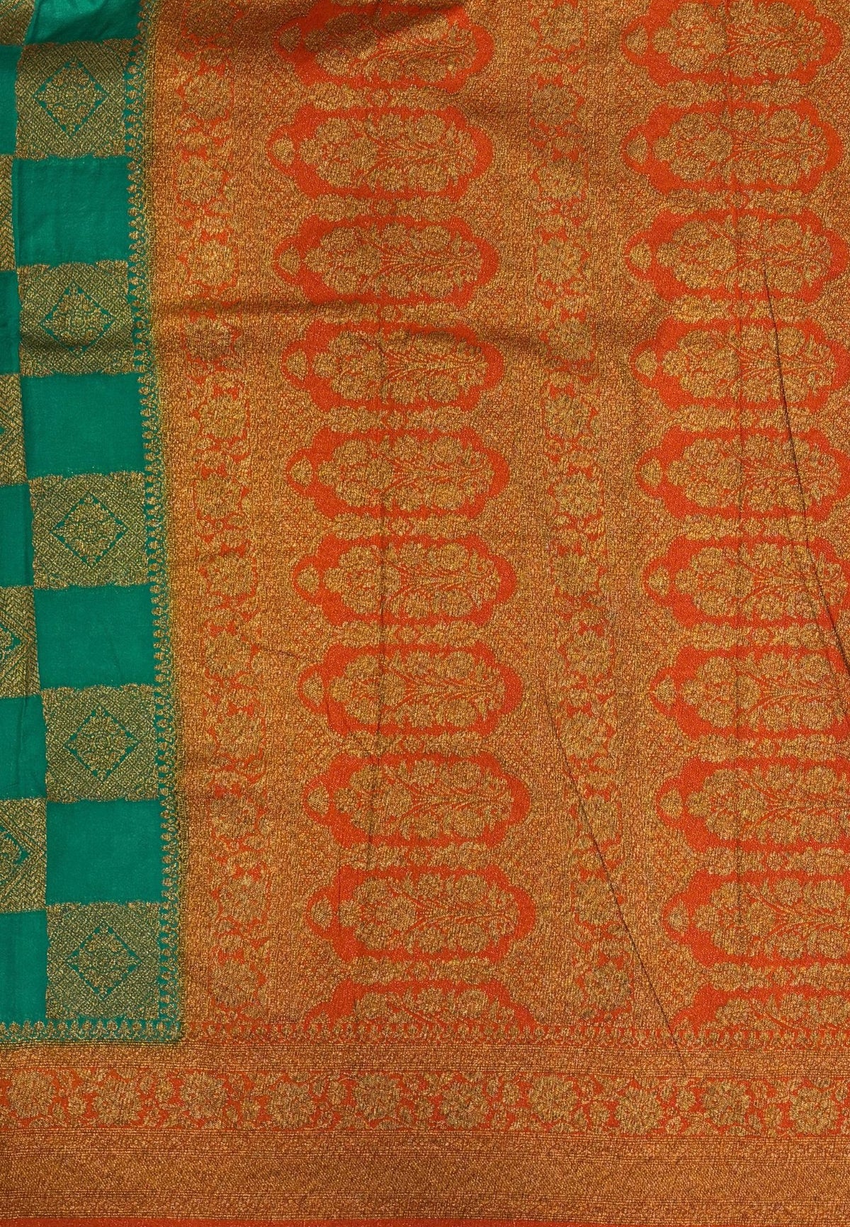Banarasi Crepe Saree-Teal Green In Square Check Brocade With Contrast Border