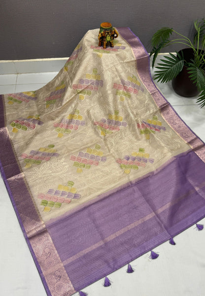 Kota Saree-Cream-Purple In Floral Vine Zari Border