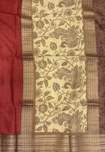 Muslin Tussar Saree-Maroon In Floral Vine Border