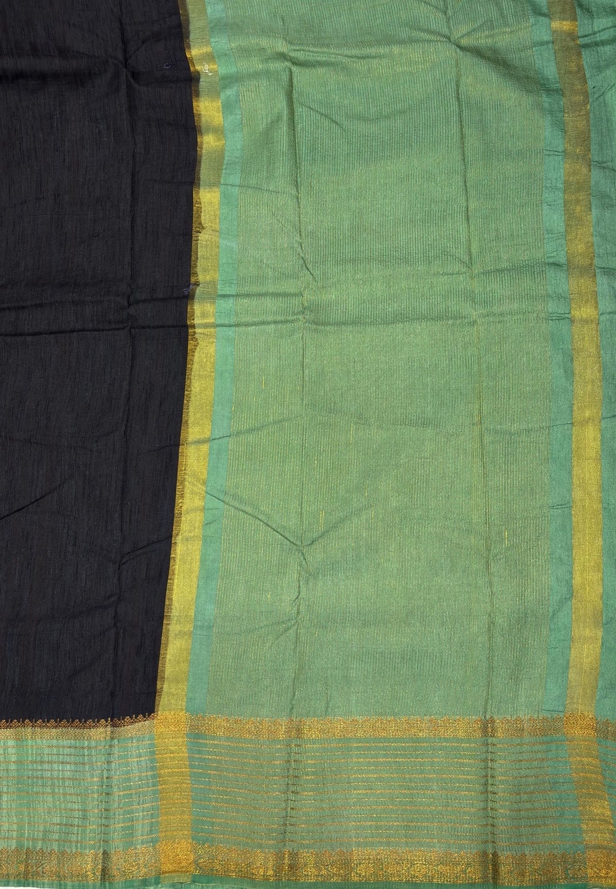 Raw Silk Saree-Black-Light Green With Contrast Border