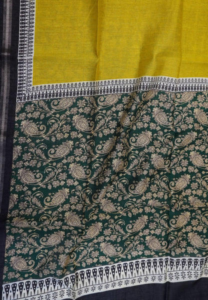 Jute Tussar Saree - Lime Green & Green with Floral Print