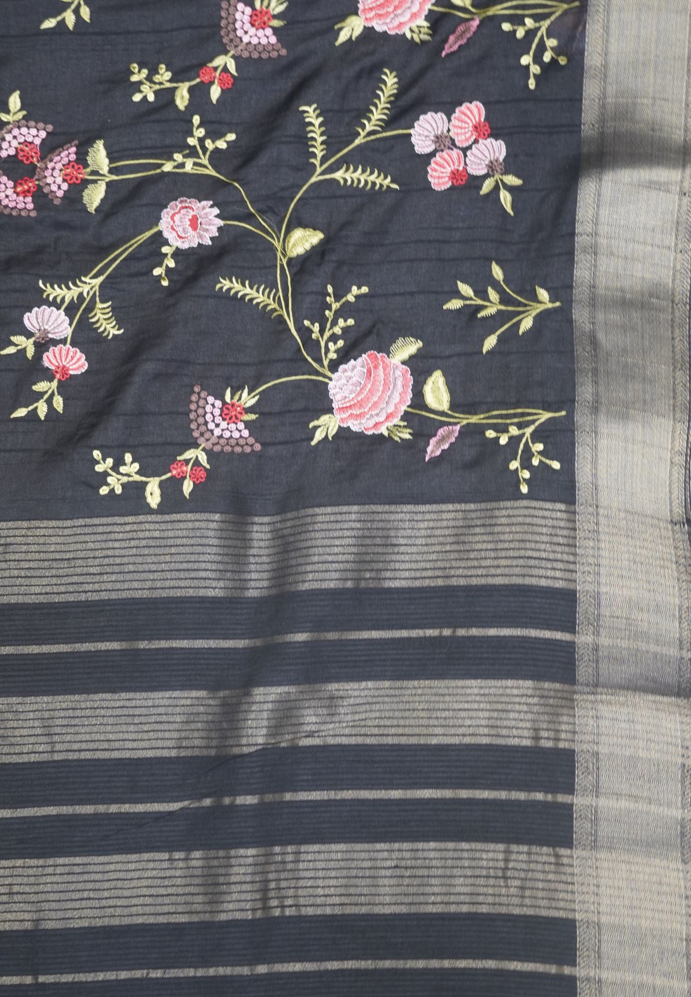 Soft Tussar Saree-Black with Floral Embroidery Work