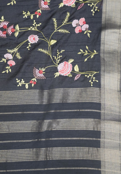 Soft Tussar Saree-Black with Floral Embroidery Work