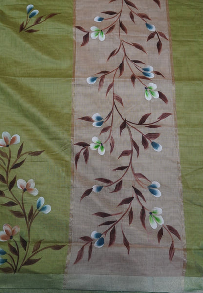 Cora Linen Saree-Green with Hand Painted Floral Motifs