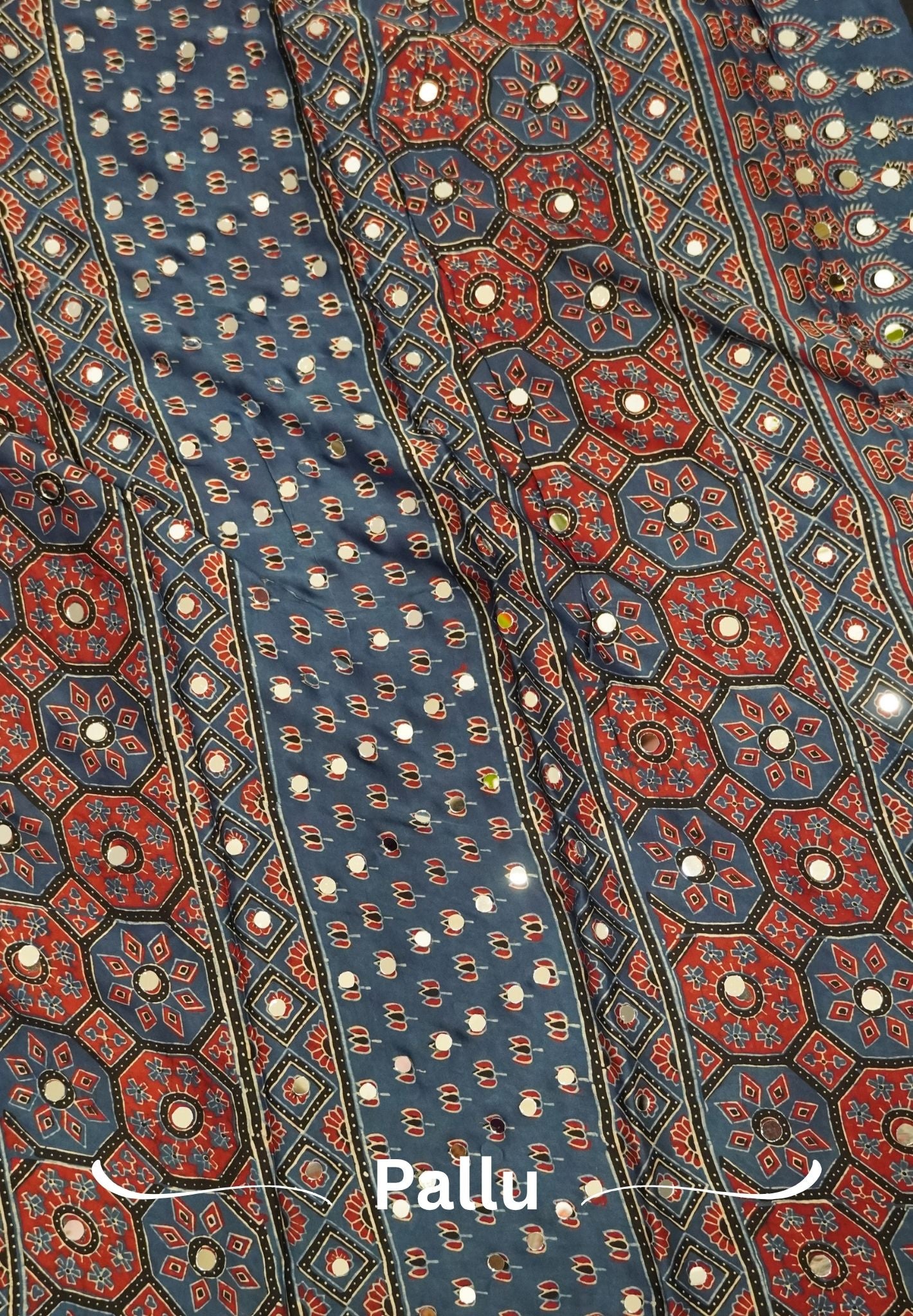 Pure Modal Silk Saree-Original Mirror Work &Traditional Printed Motifs - blue