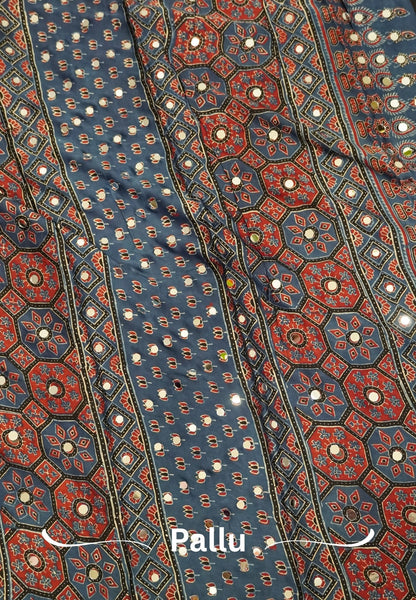 Pure Modal Silk Saree-Original Mirror Work &Traditional Printed Motifs - blue