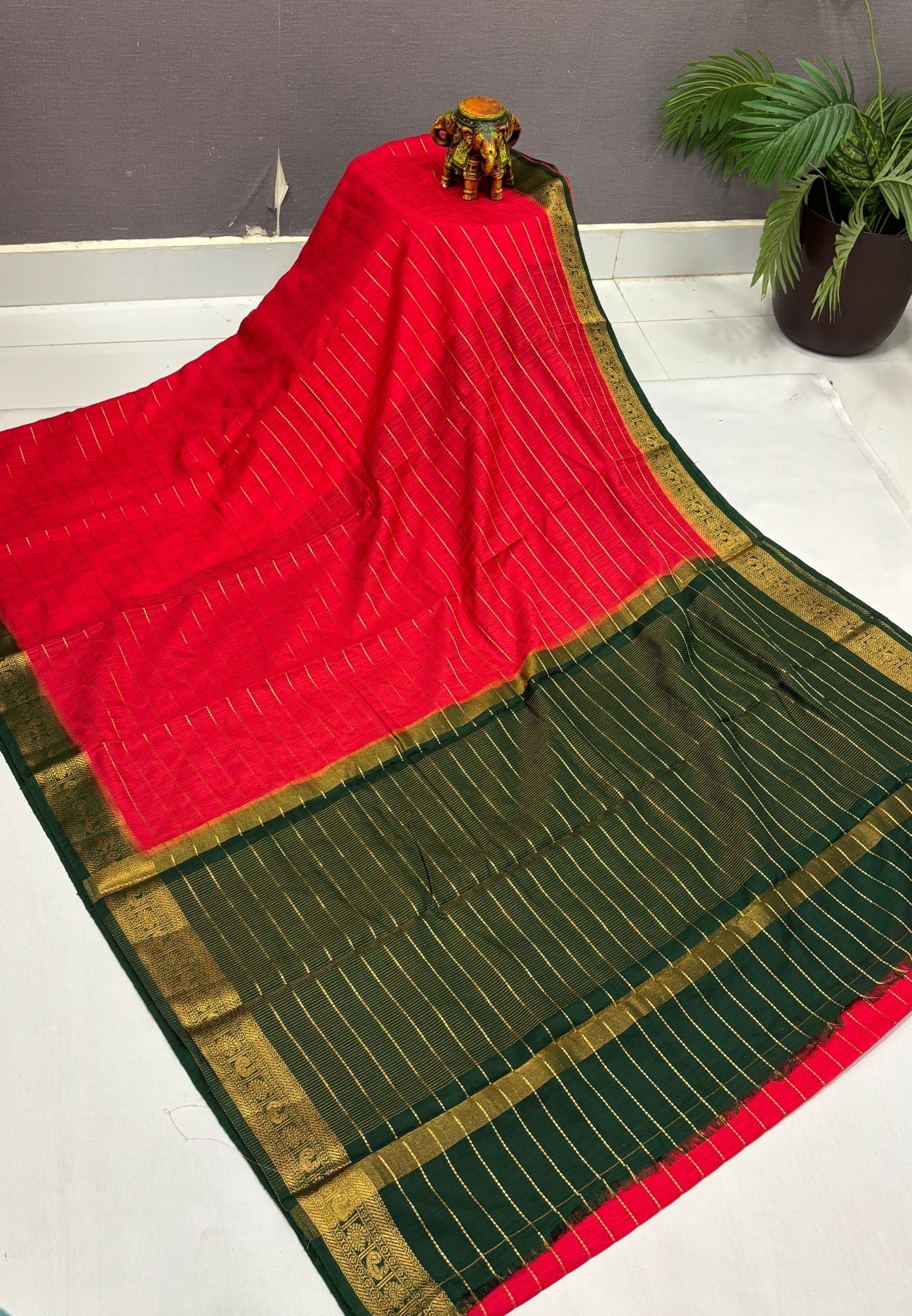 Semi Raw Silk Saree-Red in Zari Lines with Contrast Annam Border
