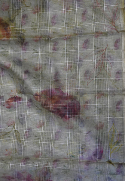 Linen Kota Saree - Metalic Green with Floral Prints
