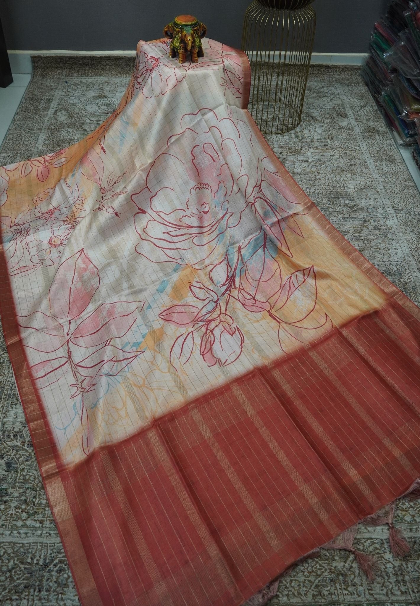 Korean Tussar Saree-Pastel Floral Artistic Weave-Brick Red