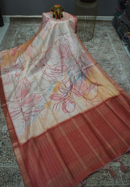 Korean Tussar Saree-Pastel Floral Artistic Weave-Brick Red