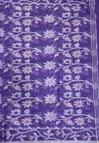 Dhakai Jamdhani Cotton Saree-Purple In Floral Vine Zari Border