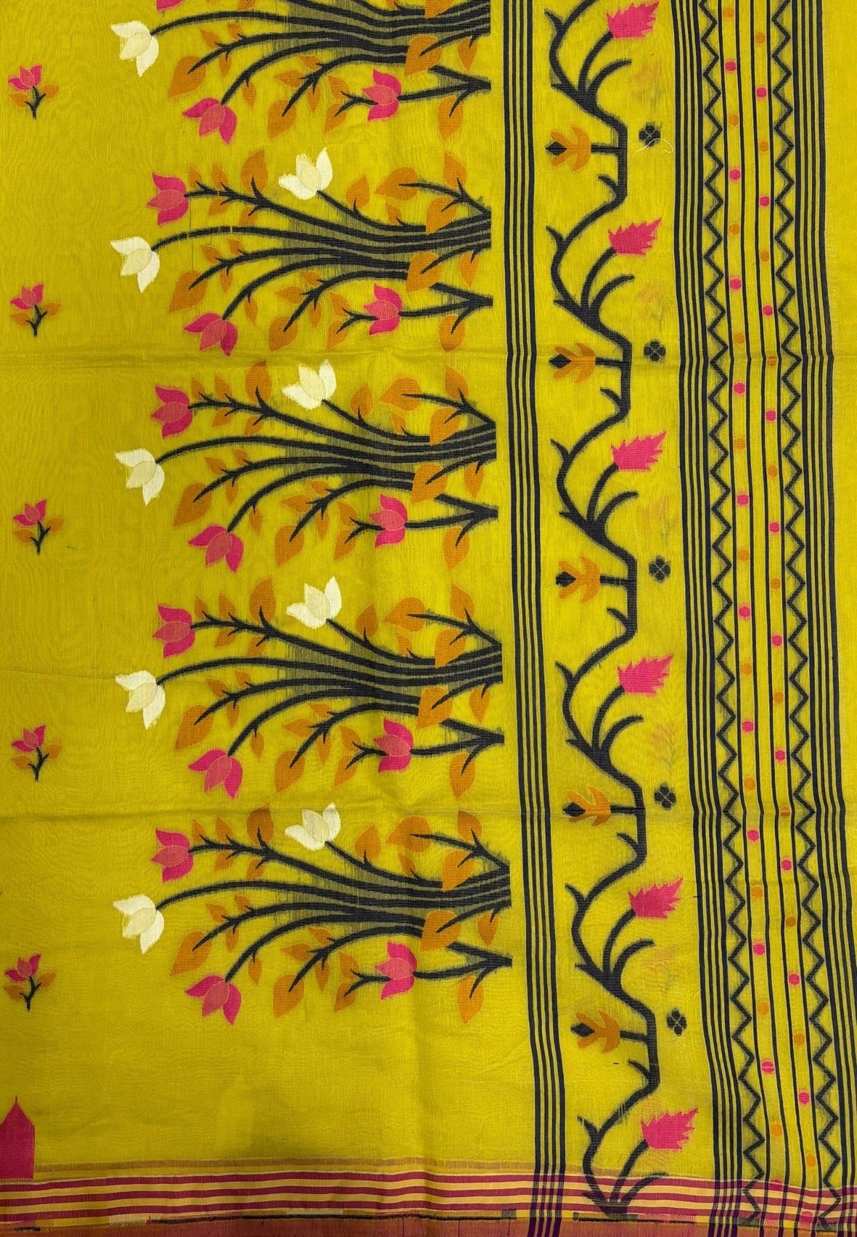 Handloom Cotton Saree-Lime Yellow In Lotus Floral Border