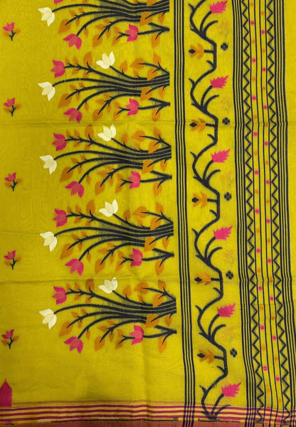 Handloom Cotton Saree-Lime Yellow In Lotus Floral Border