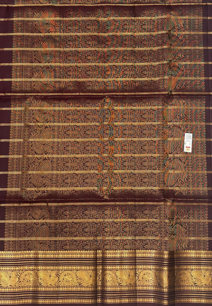 Pure Kanchipuram Silk Saree-Dark Maroon in Peacock & Floral Zari Border