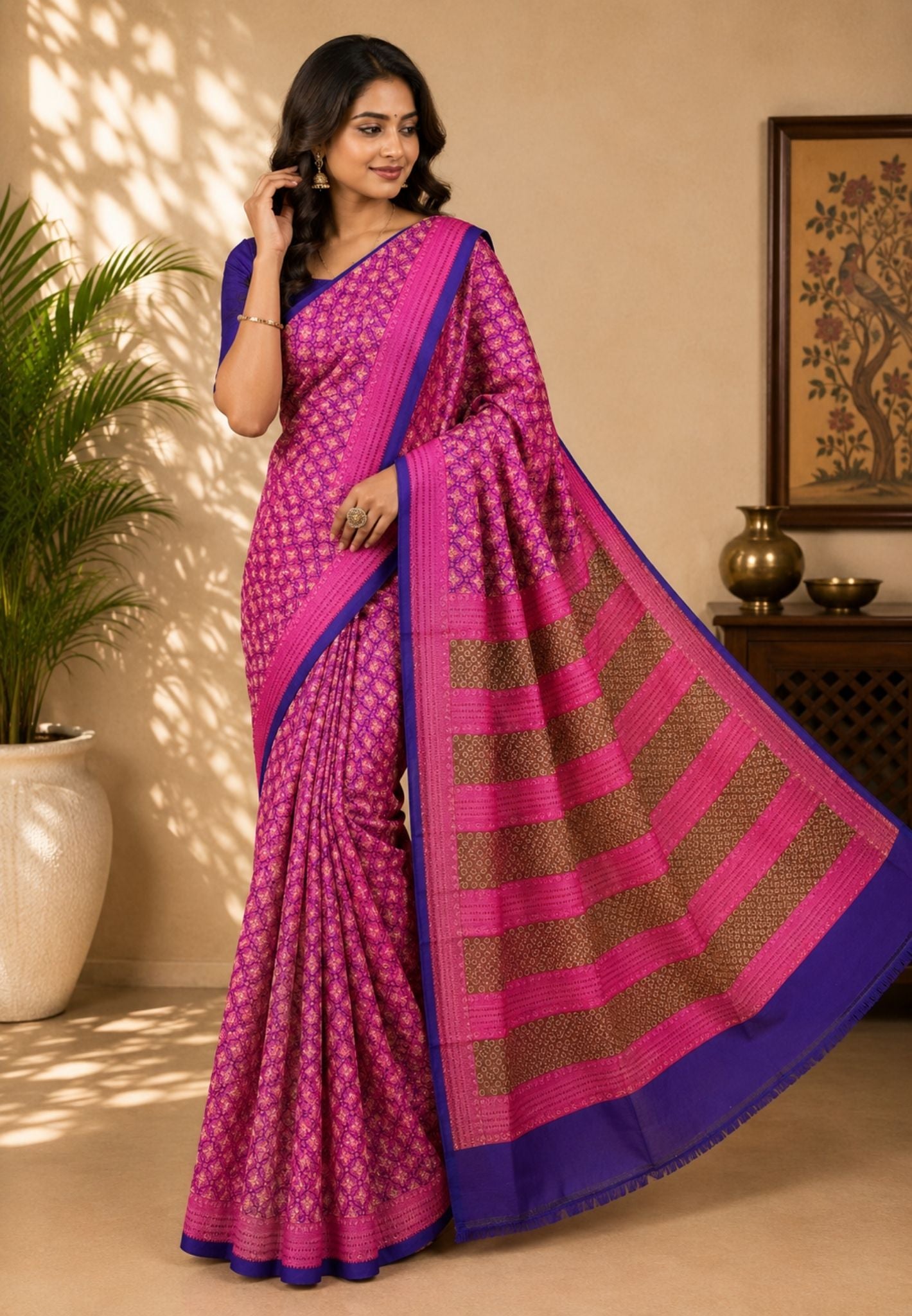 Pure Tussar Saree-Pink in Mini Floral Pattern