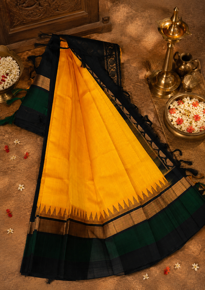 Pure Silk Cotton Saree – Yellow with Classic Temple Zari Border