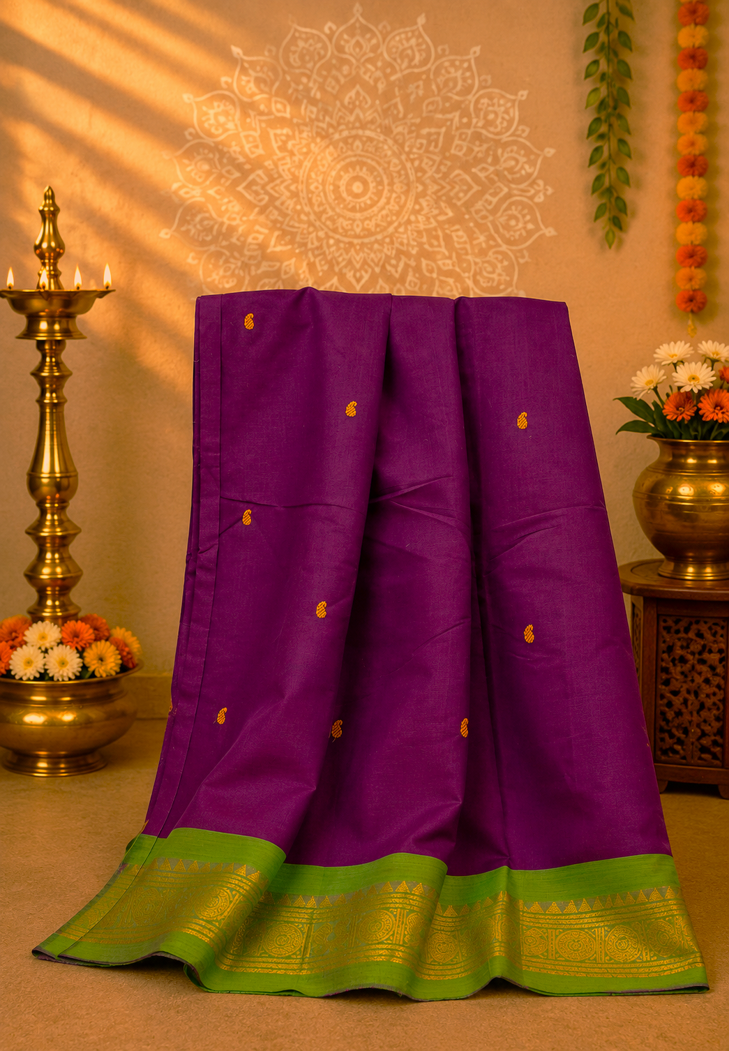 Chettinadu Cotton Saree-Wine  with Ganga Jamuna border
