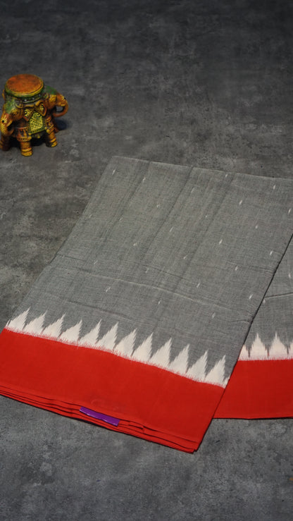Pochampally Cotton double Ikkat Saree Grey - Red