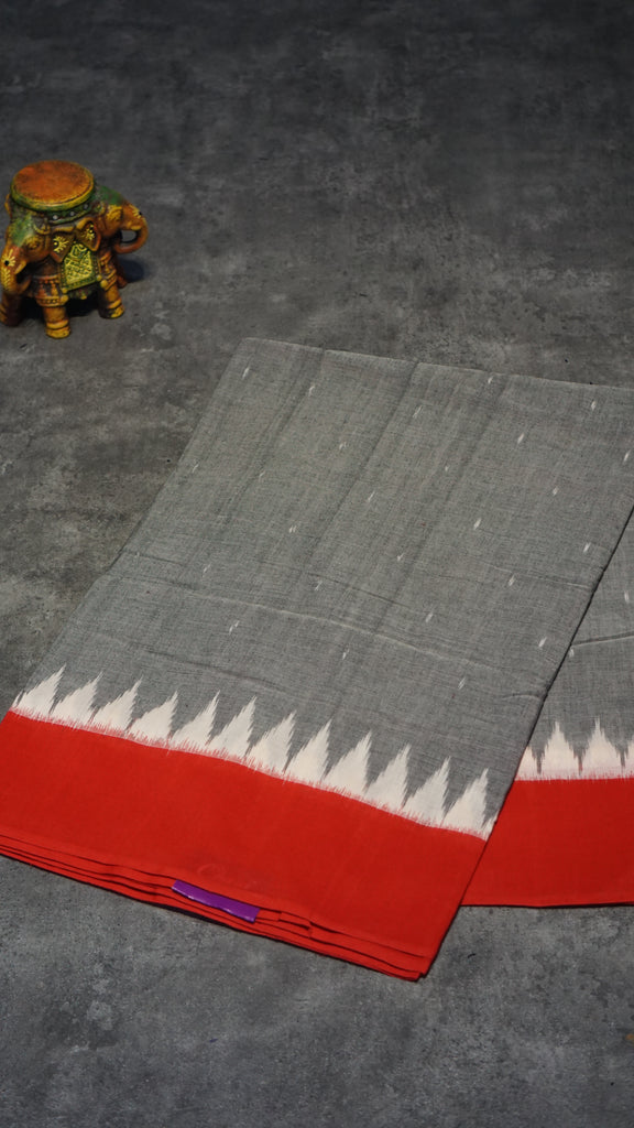 Pochampally Cotton double Ikkat Saree Grey - Red