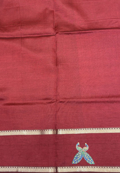Pure Mangalgiri Silk Saree-Maroon Rettapet with Tanjore Print