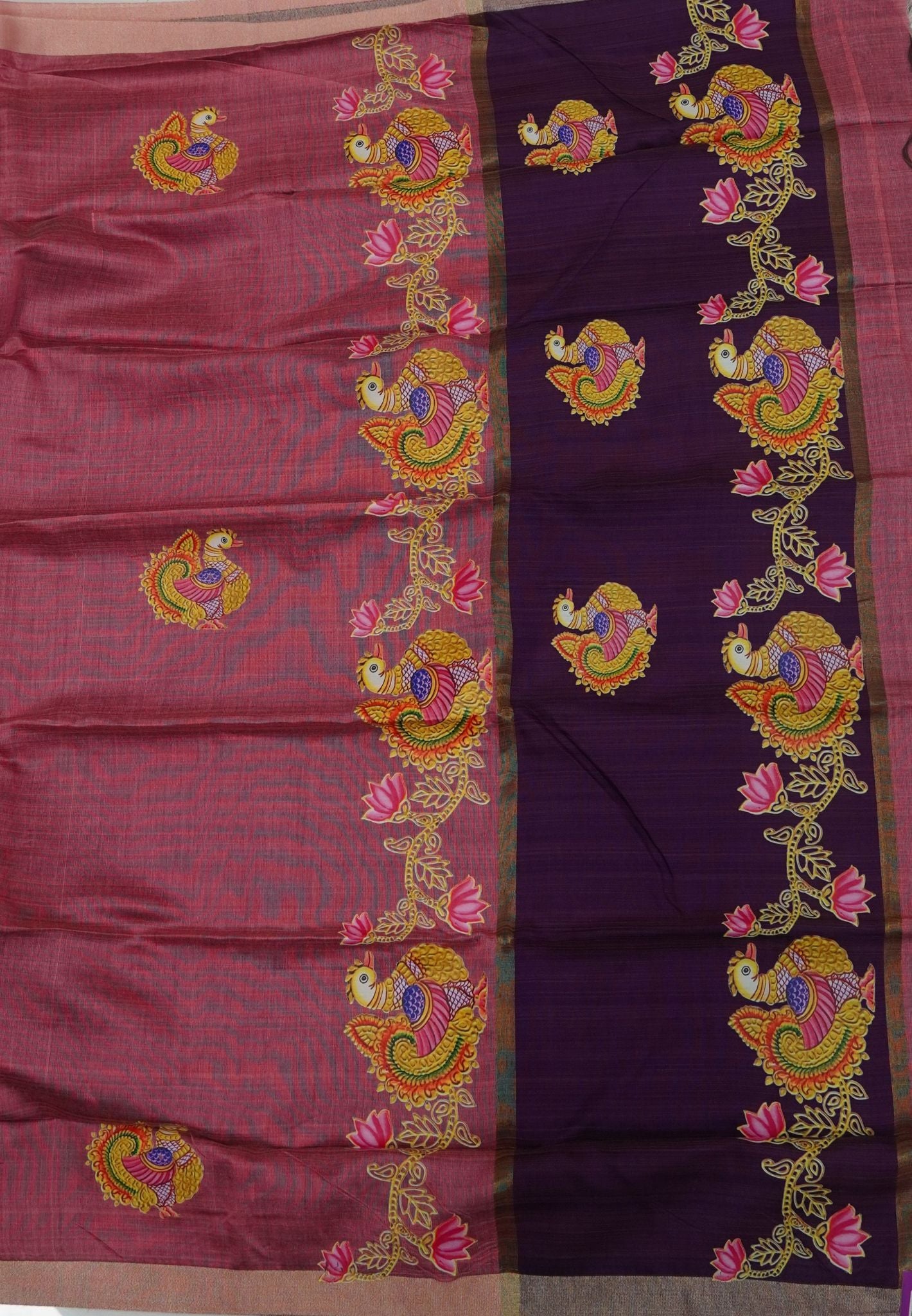 Cora Linen Saree-Onion Pink with Tanjore Print