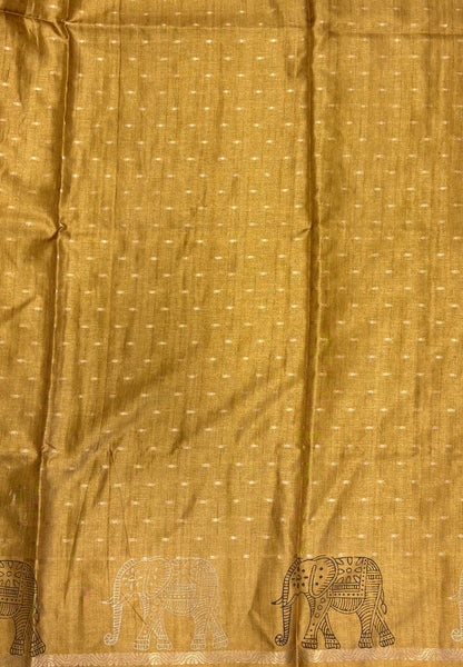 Semi Tussar Saree-Dry Green in Traditional Elephant Motif Zari Border