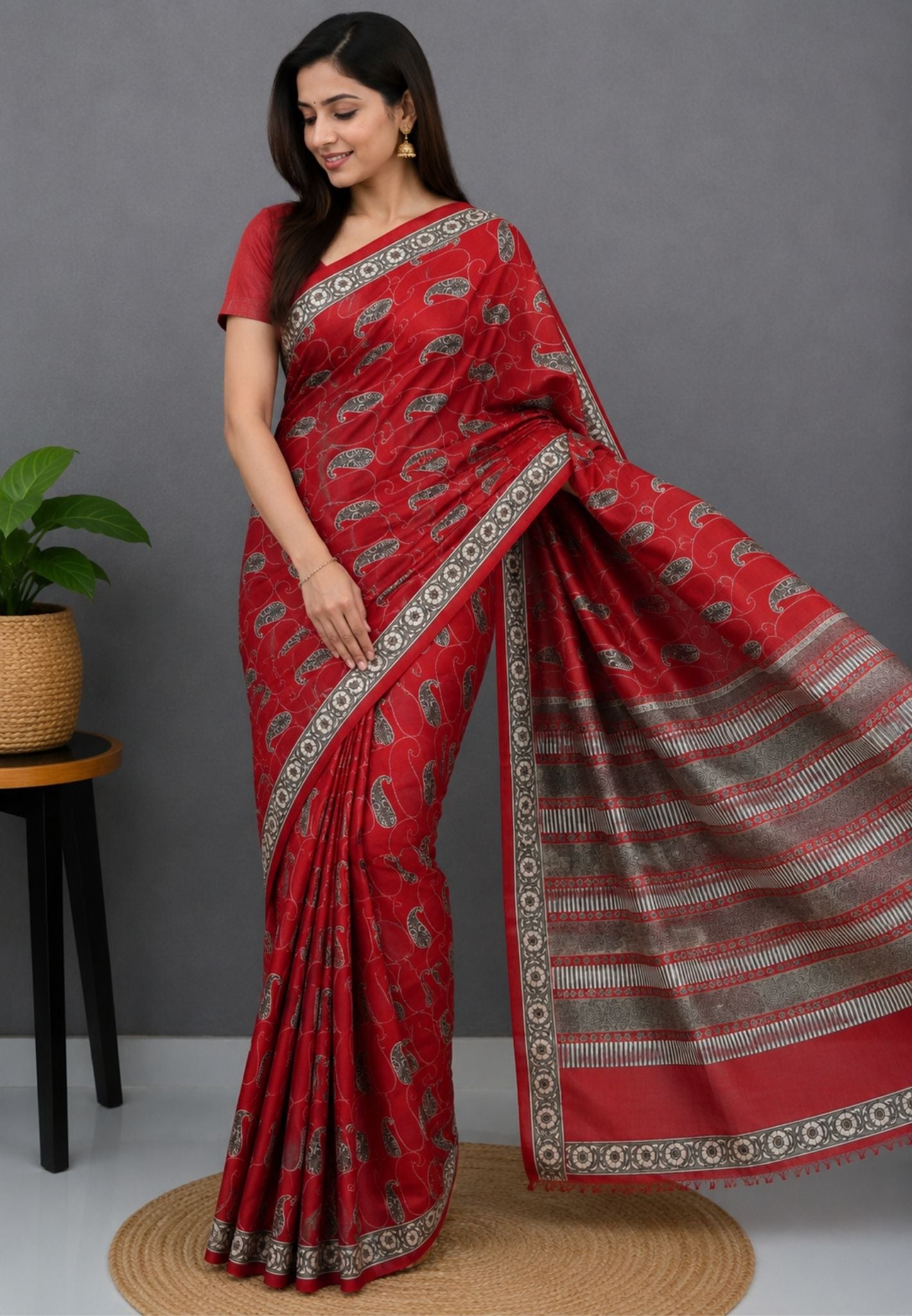 Pure Tussar Saree-Red with Floral Border