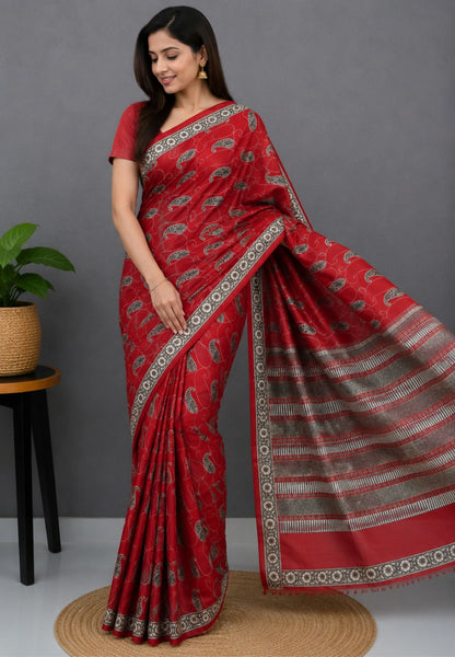 Pure Tussar Saree-Red with Floral Border