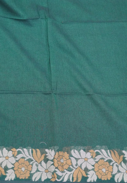 Handloom Cotton Saree-Green Marigold Floral Jamdhani Border