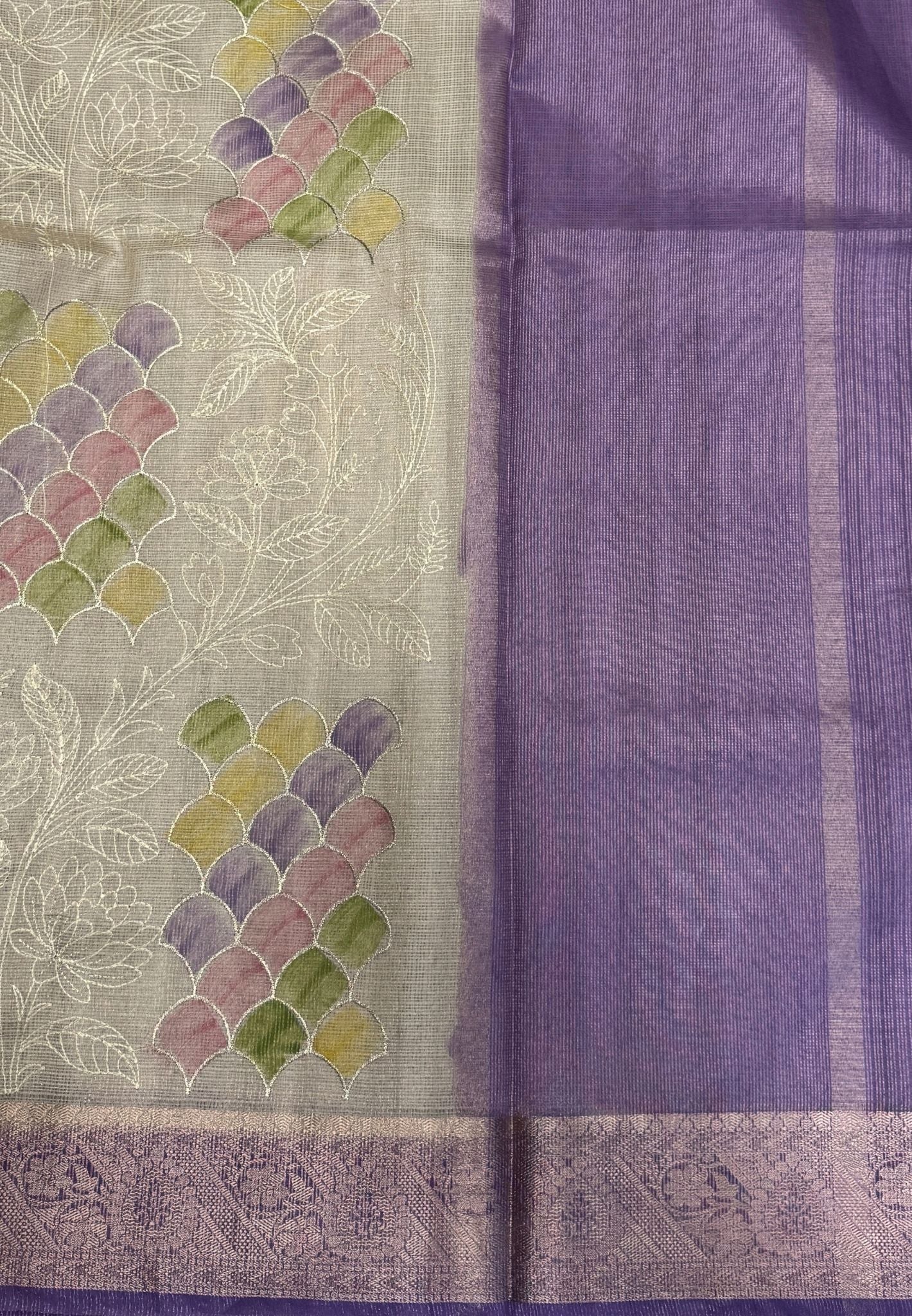 Kota Saree-Cream-Purple In Floral Vine Zari Border