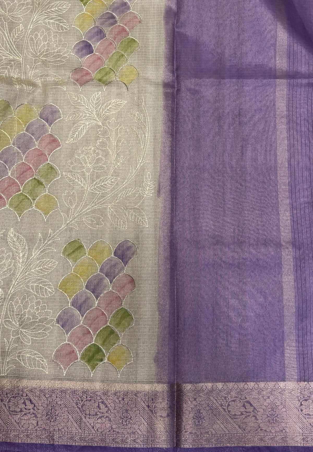 Kota Saree-Cream-Purple In Floral Vine Zari Border