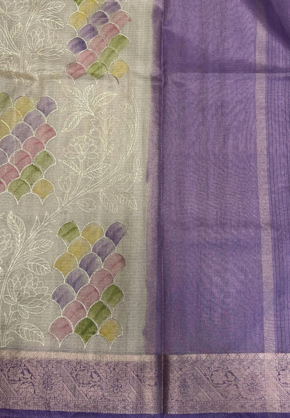 Kota Saree-Cream-Purple In Floral Vine Zari Border