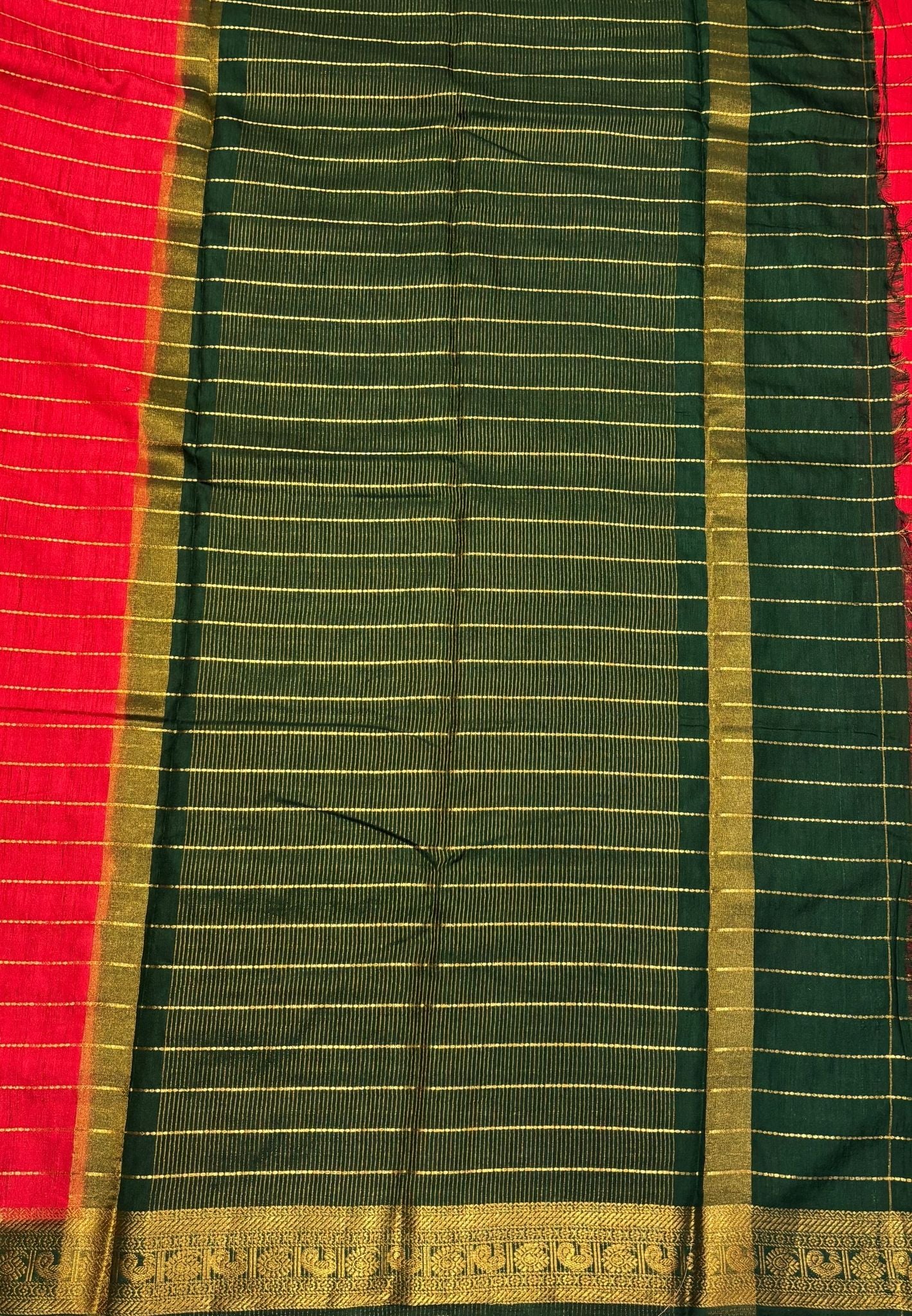 Semi Raw Silk Saree-Red in Zari Lines with Contrast Annam Border