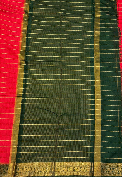 Semi Raw Silk Saree-Red in Zari Lines with Contrast Annam Border