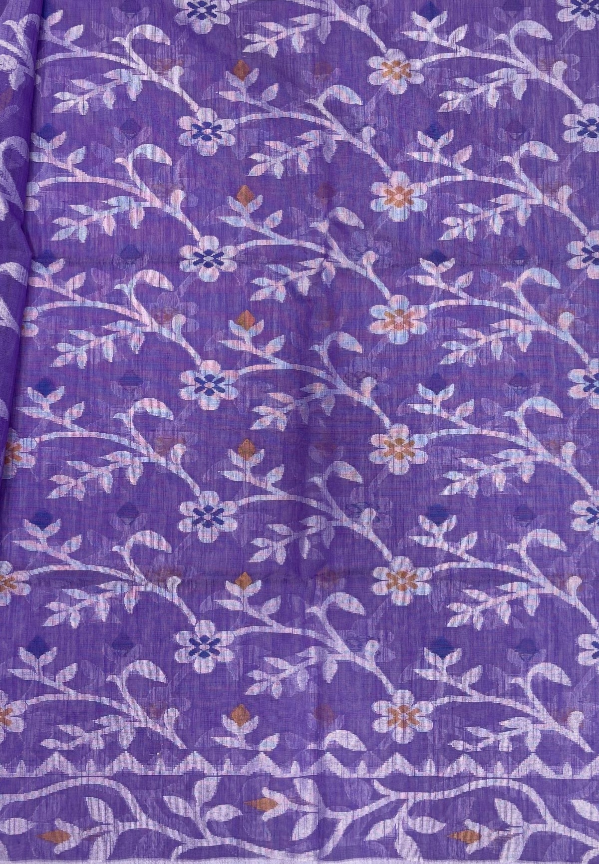 Dhakai Jamdhani Cotton Saree-Purple In Floral Vine Zari Border