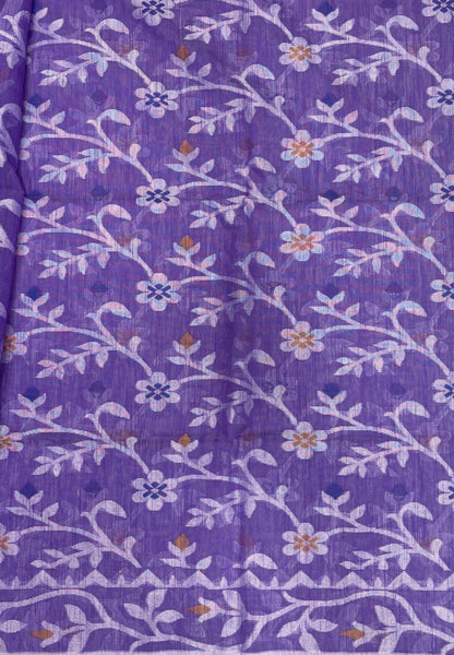 Dhakai Jamdhani Cotton Saree-Purple In Floral Vine Zari Border