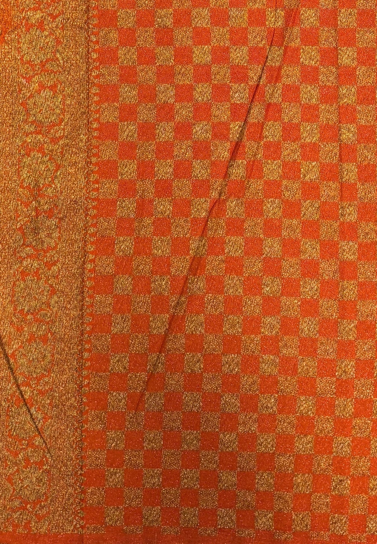 Banarasi Crepe Saree-Teal Green In Square Check Brocade With Contrast Border
