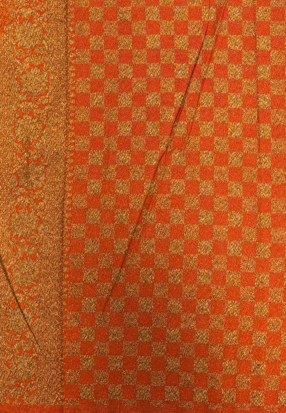 Banarasi Crepe Saree-Teal Green In Square Check Brocade With Contrast Border