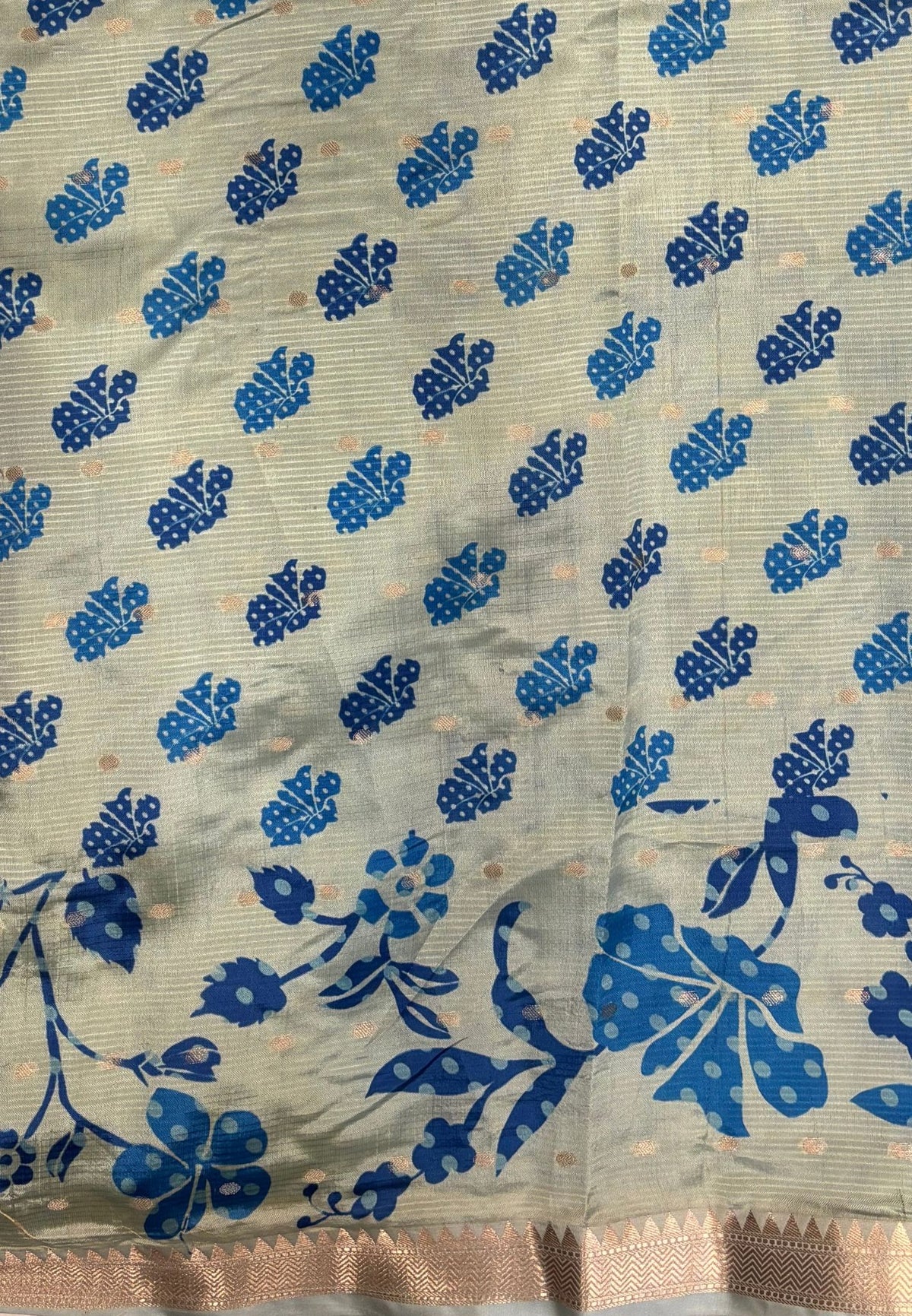 Soft Tussar Saree-Blue In Floral Vine Border