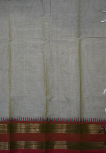 Chettinadu Cotton Saree-Elachi Green with Contrast Brick Red Border