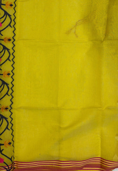 Handloom Cotton Saree-Lime Yellow In Lotus Floral Border