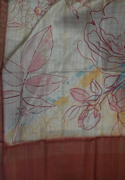 Korean Tussar Saree-Pastel Floral Artistic Weave-Brick Red