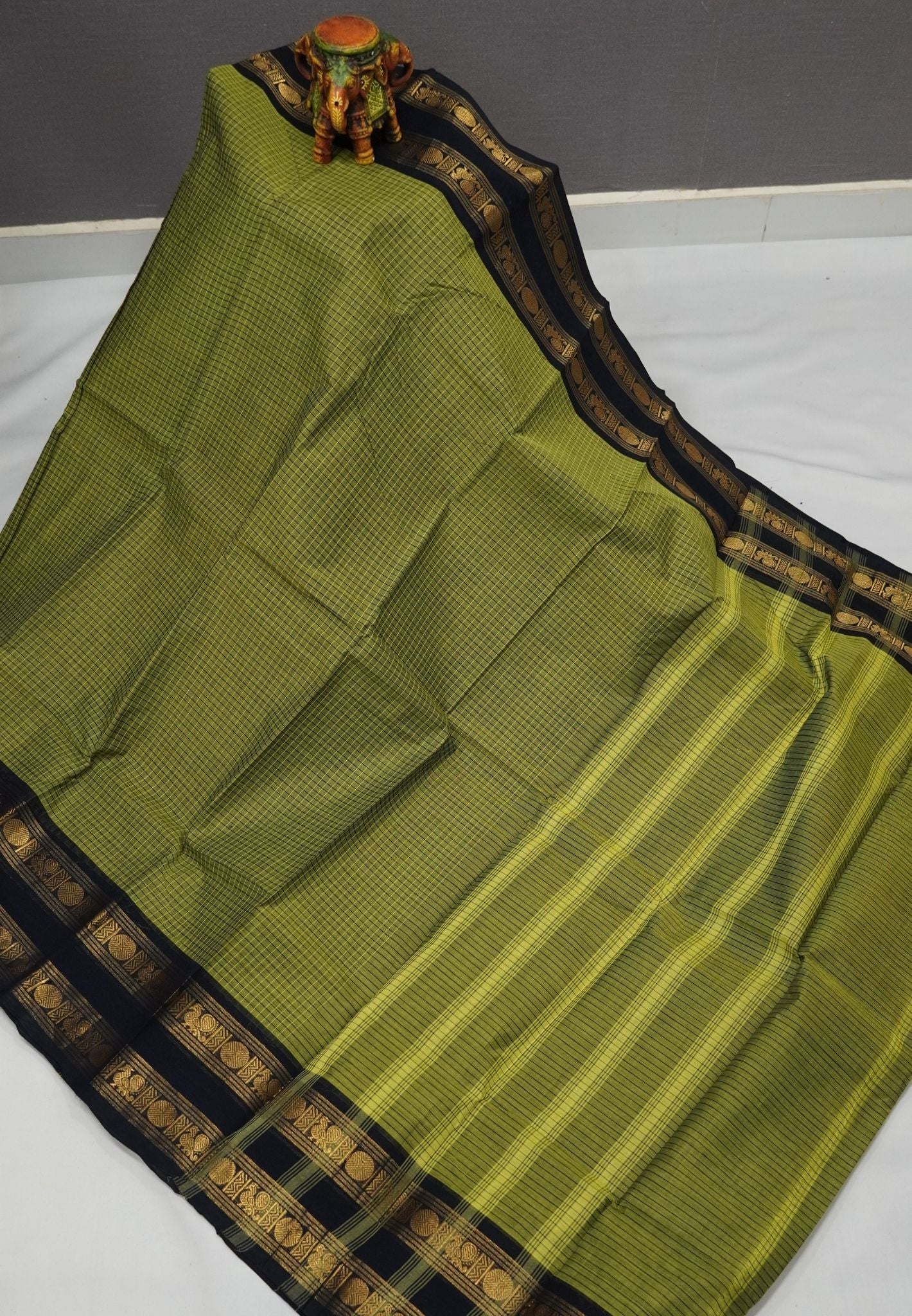 Kanchi Cotton Saree-Olive Green in Checkered Pattern with Retapet Border