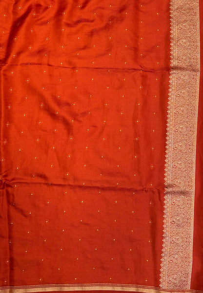 Gaji Silk Saree-Rust Orange in Paisley Jhumka Zari Border