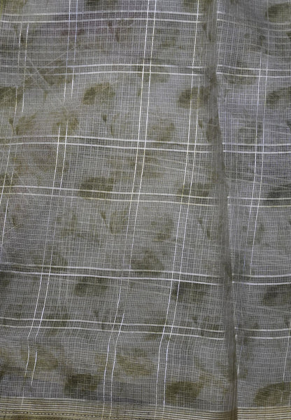 Linen Kota Saree - Metalic Green with Floral Prints
